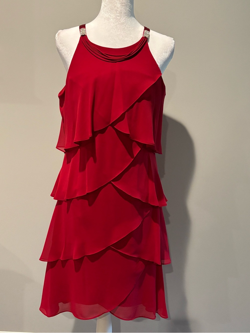 S.L. Fashions Red Tiered Ruffle Halter Mini Dress